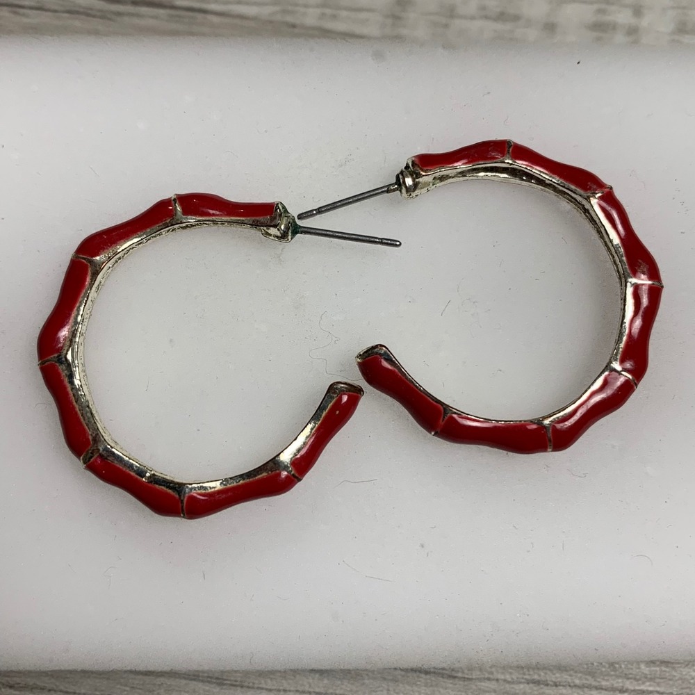 Red Enamel Bamboo Hoop Earrings Silver Tone Textured Medium Open Hoops